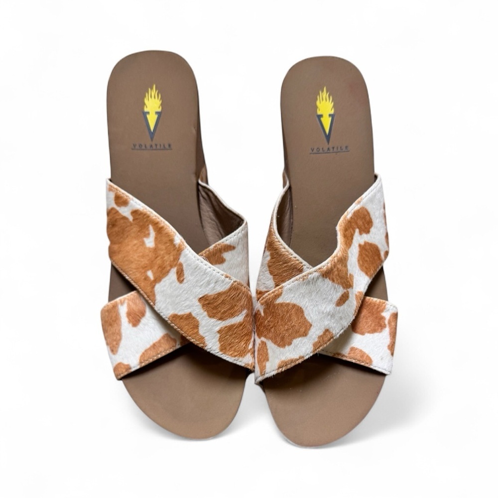 Volatile Cow Print Real Fur Cross Strap Wedge Sandals Size 9 – 3” Heel - Picture 4 of 5